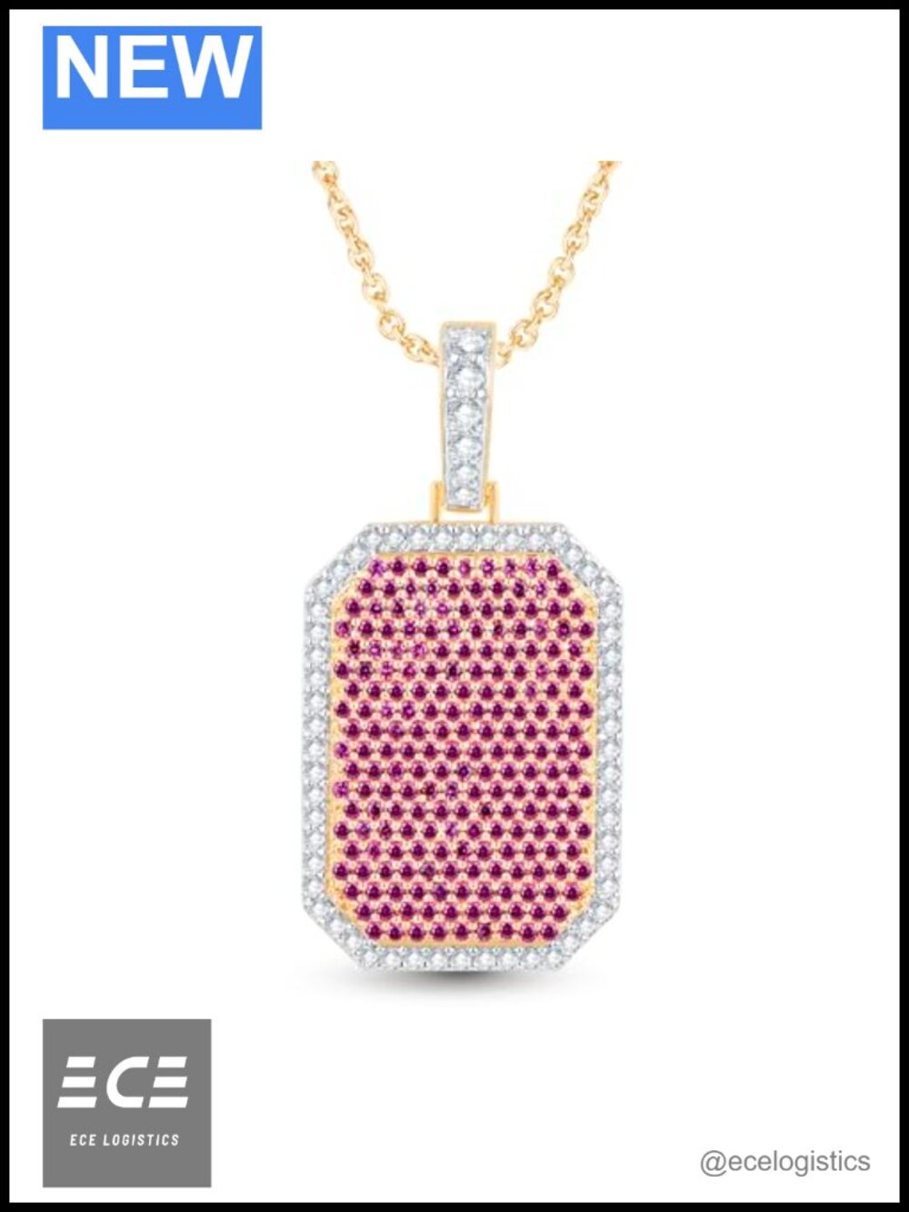 2.00 Carat Pink Ruby & Simulated Diamond Dog Tag Pendant in 14K Two Tone Gold